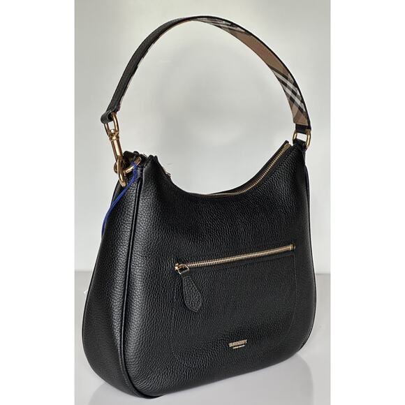 Burberry Hobo Leather Shoulder Bag Check Strap Black 81046821 Italy NWT $1750 - Picture 4 of 16